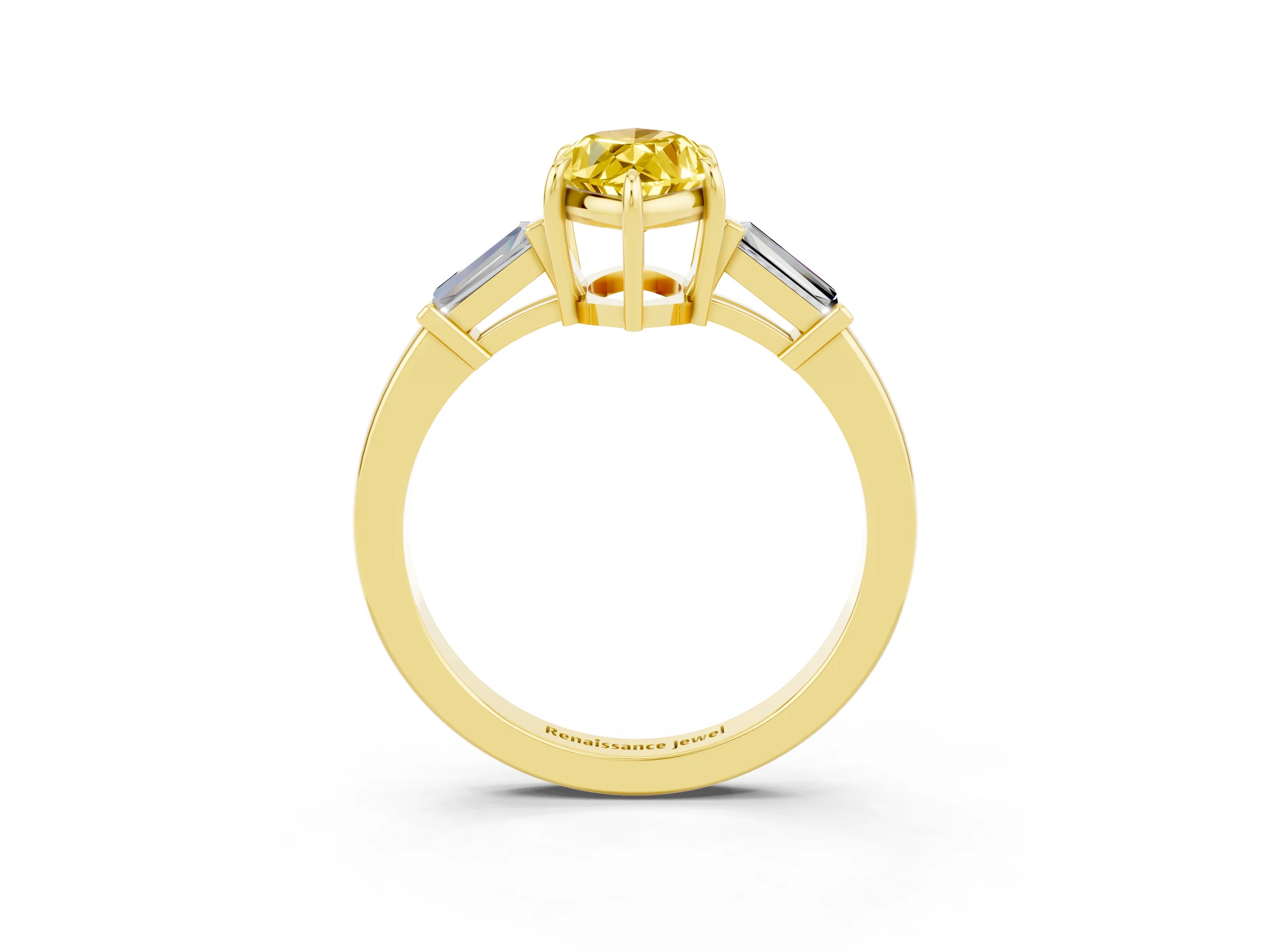 Yellow gold Marquise Cut Cut Diamond Ring with Tapered Baguette Side Stones in Four-Prong Setting_3