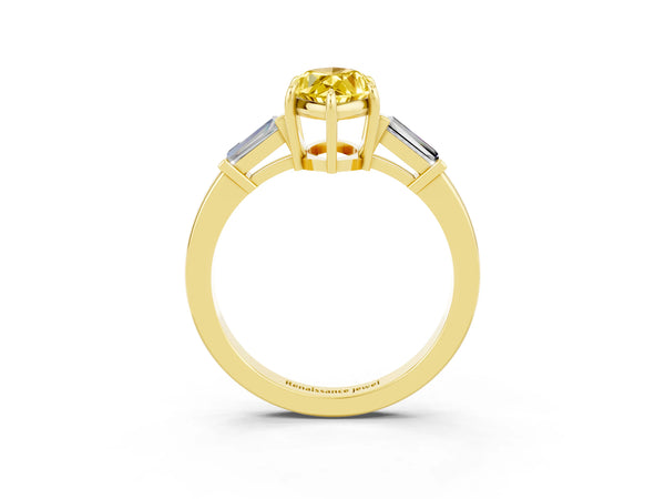 Yellow gold Marquise Cut Yellow Sapphire Three-Stone Ring with Tapered Baguette Side Stones and Prong Setting