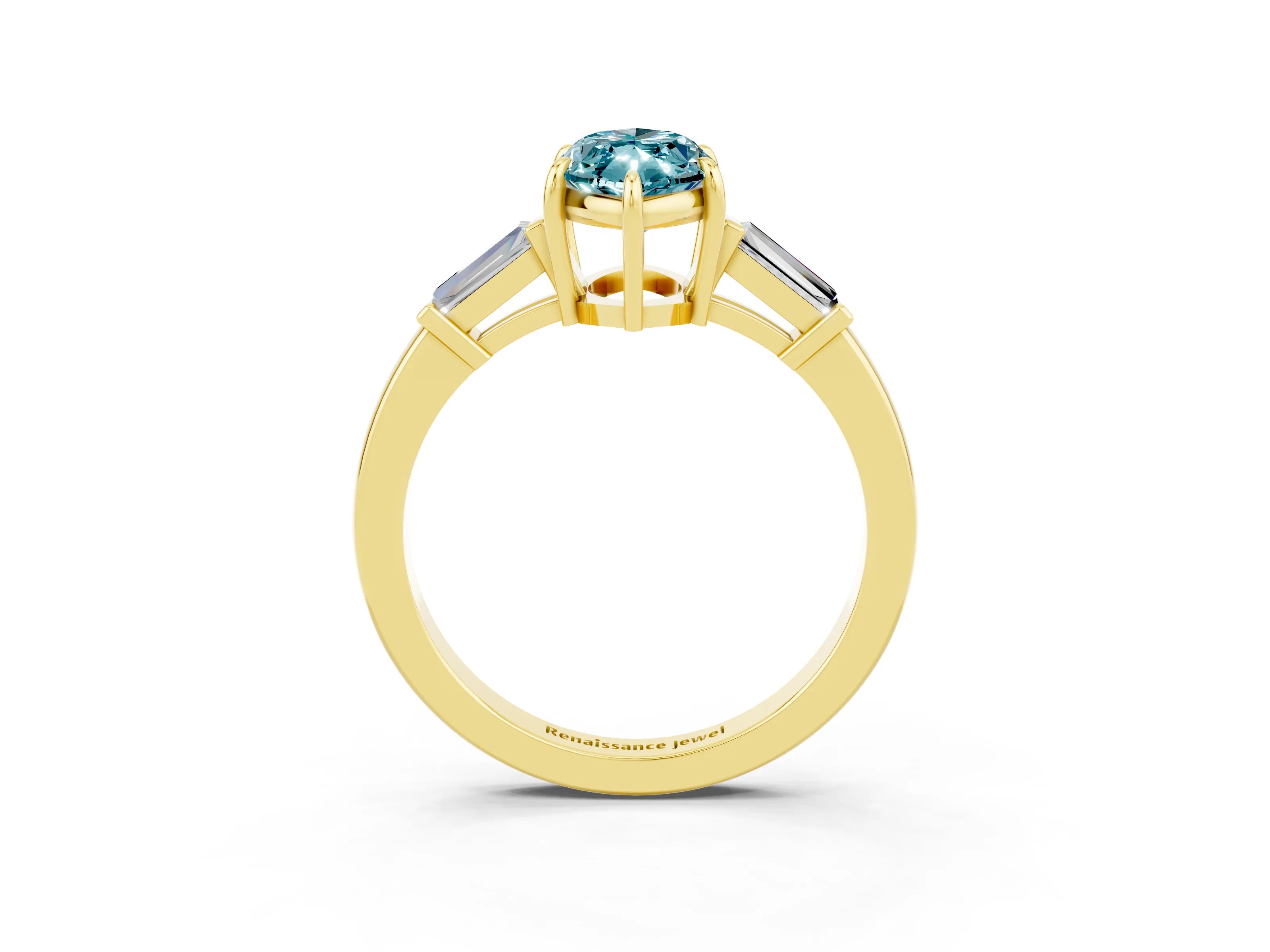 Yellow gold Marquise Cut Cut Diamond Ring with Tapered Baguette Side Stones in Four-Prong Setting_3