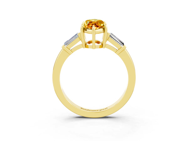 Yellow gold Marquise Cut Citrine Three-Stone Ring with Tapered Baguette Side Stones and Prong Setting