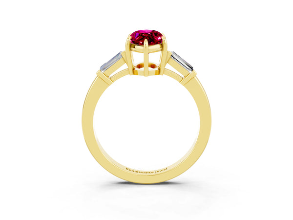 Yellow gold Marquise Cut Garnet Three-Stone Ring with Tapered Baguette Side Stones and Prong Setting