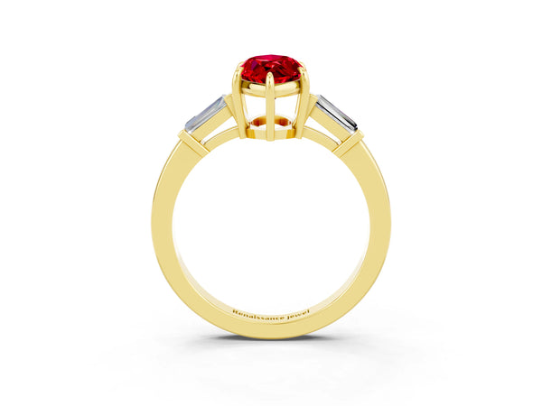 Yellow gold Marquise Cut Cut Diamond Ring with Tapered Baguette Side Stones in Four-Prong Setting