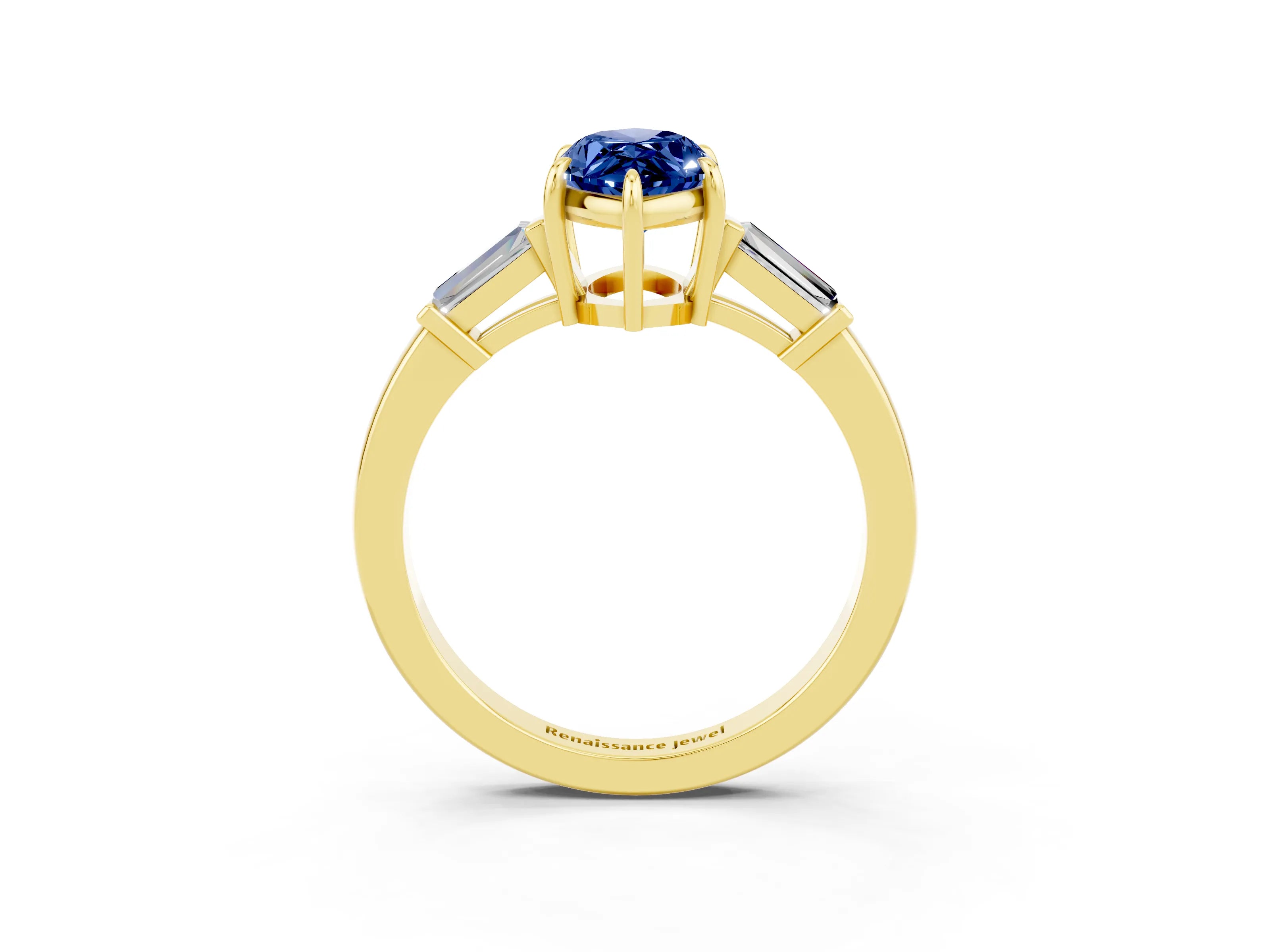 Yellow gold Marquise Cut Cut Diamond Ring with Tapered Baguette Side Stones in Four-Prong Setting_3