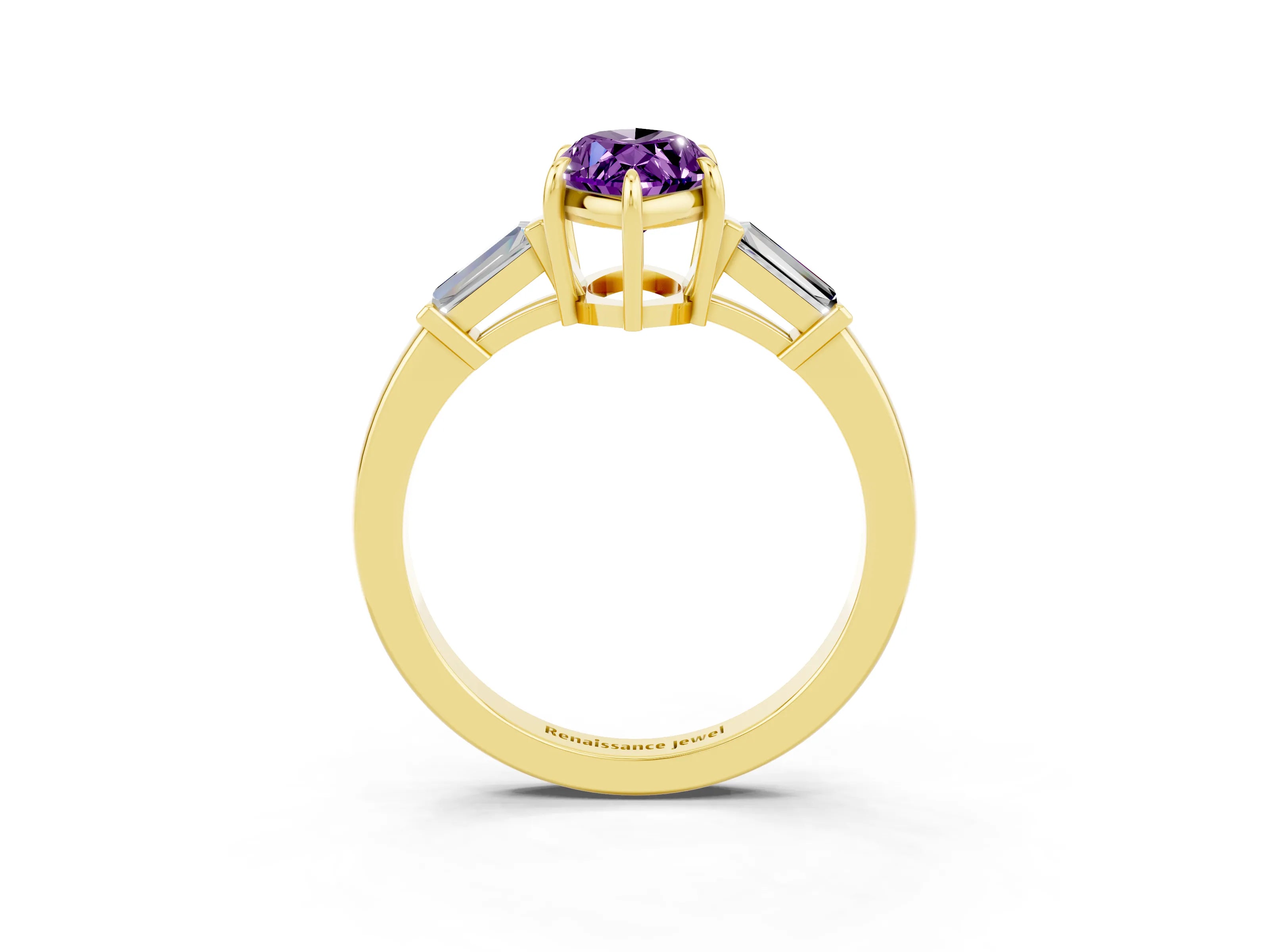 Yellow gold Marquise Cut Cut Diamond Ring with Tapered Baguette Side Stones in Four-Prong Setting_3
