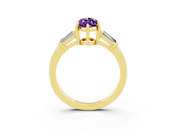 Yellow gold Marquise Cut Amethyst Three-Stone Ring with Tapered Baguette Side Stones and Prong Setting
