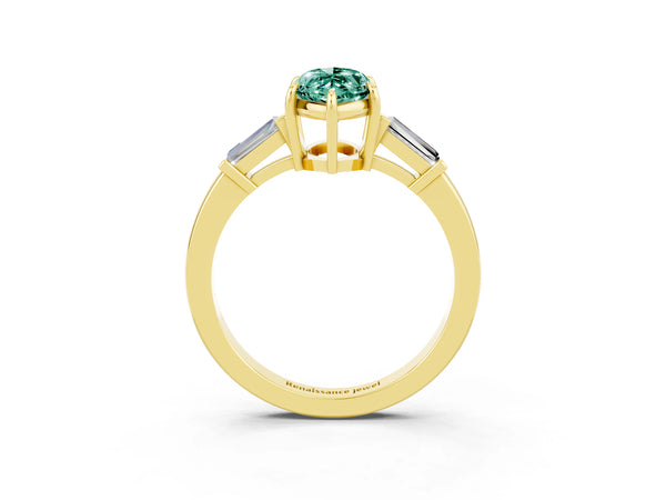 Yellow gold Marquise Cut Green Sapphire Three-Stone Ring with Tapered Baguette Side Stones and Prong Setting