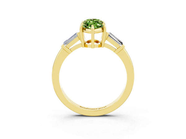 Yellow gold Marquise Cut Cut Diamond Ring with Tapered Baguette Side Stones in Four-Prong Setting