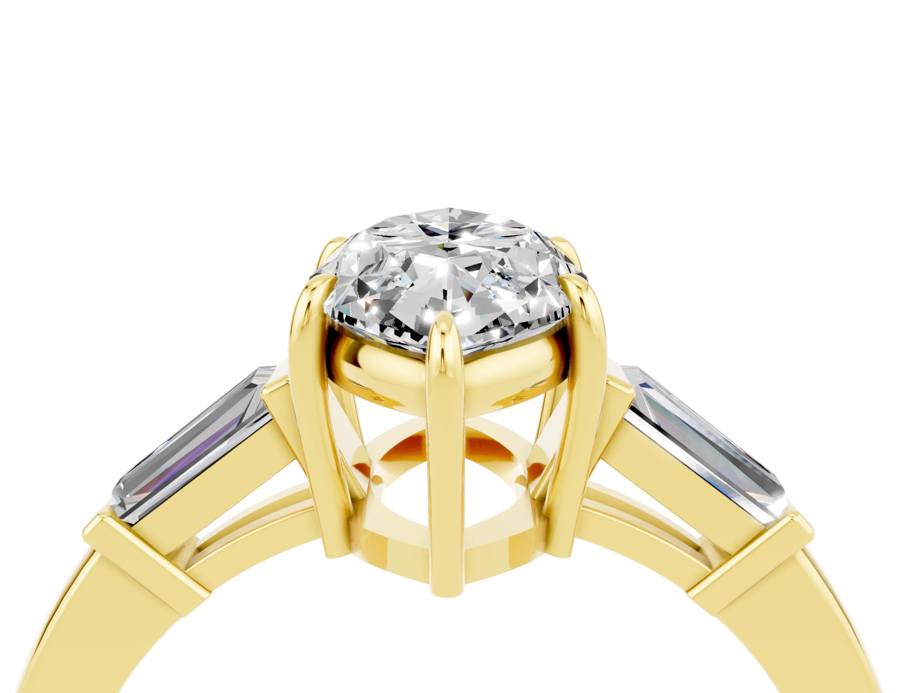 Yellow gold Marquise Cut Cut Diamond Ring with Tapered Baguette Side Stones in Four-Prong Setting_4