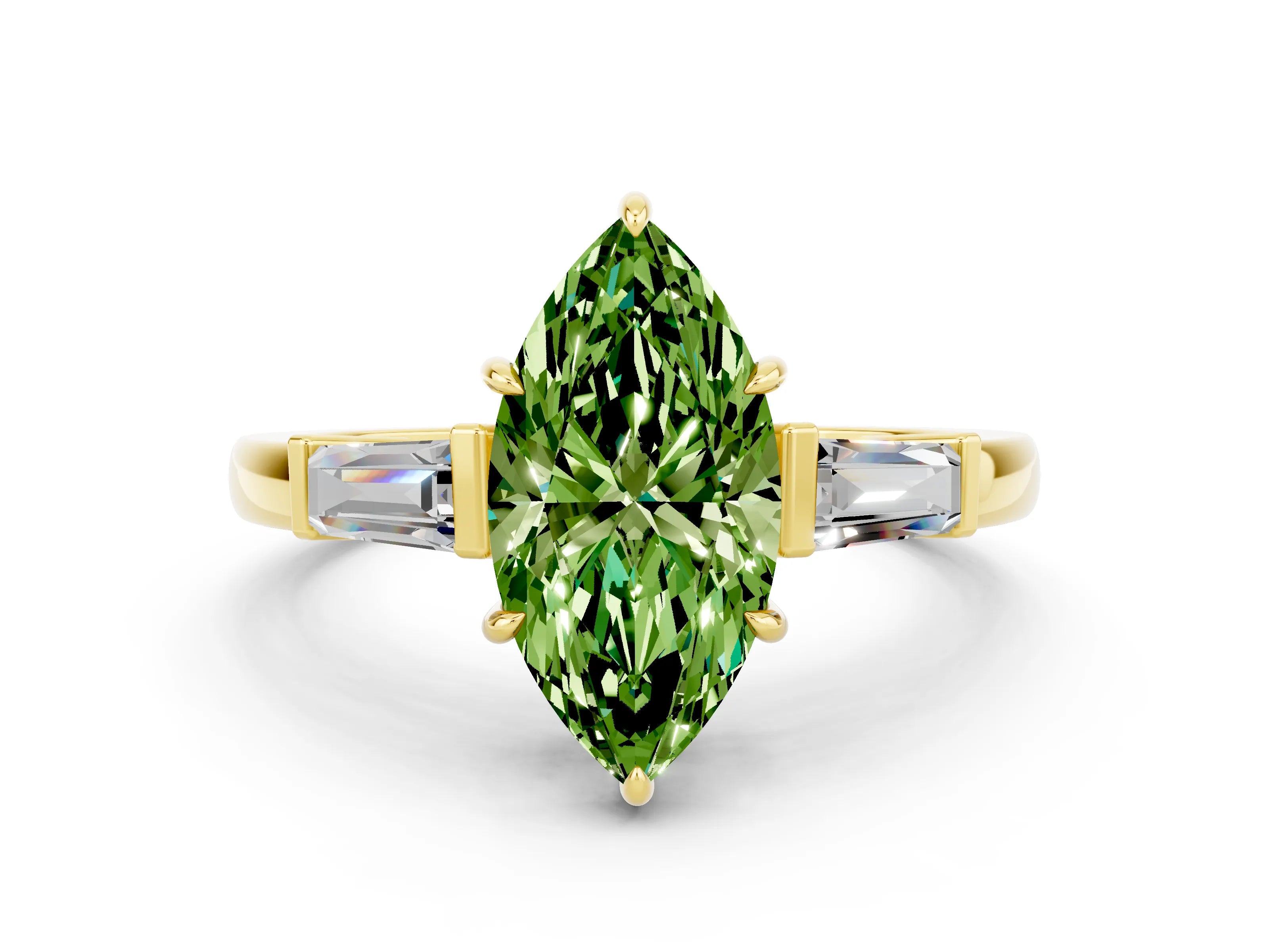 Yellow gold Marquise Cut Cut Diamond Ring with Tapered Baguette Side Stones in Four-Prong Setting