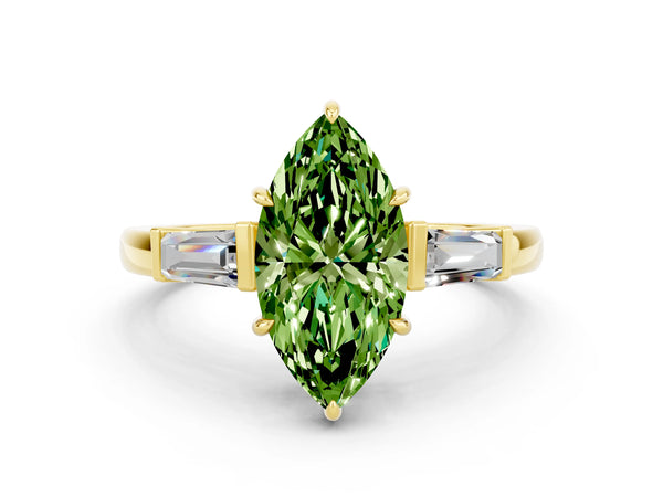 Yellow gold Marquise Cut Cut Diamond Ring with Tapered Baguette Side Stones in Four-Prong Setting