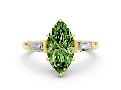 Yellow gold Marquise Cut Cut Diamond Ring with Tapered Baguette Side Stones in Four-Prong Setting
