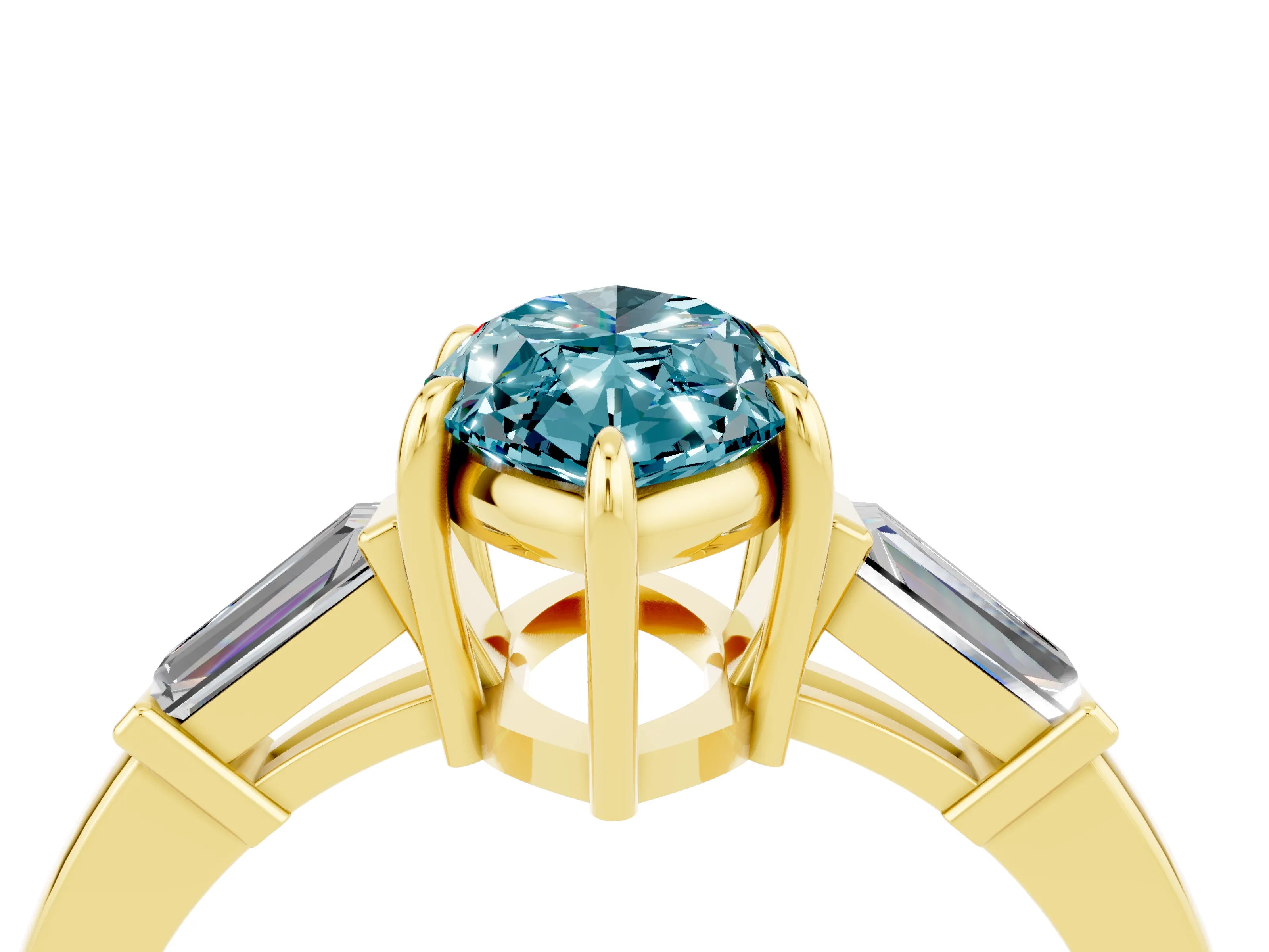 Yellow gold Marquise Cut Cut Diamond Ring with Tapered Baguette Side Stones in Four-Prong Setting_4