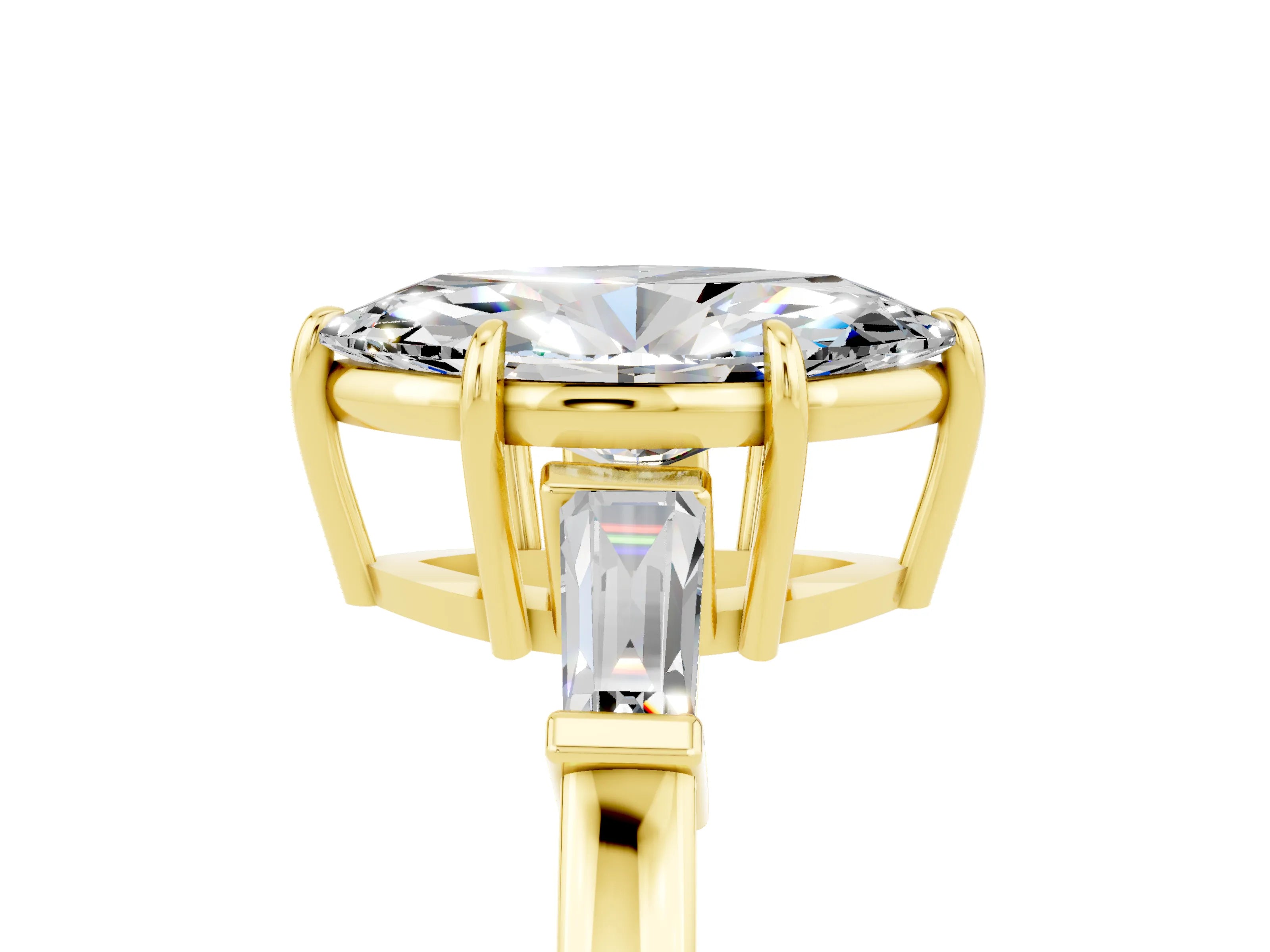 Yellow gold Marquise Cut Cut Diamond Ring with Tapered Baguette Side Stones in Four-Prong Setting_5