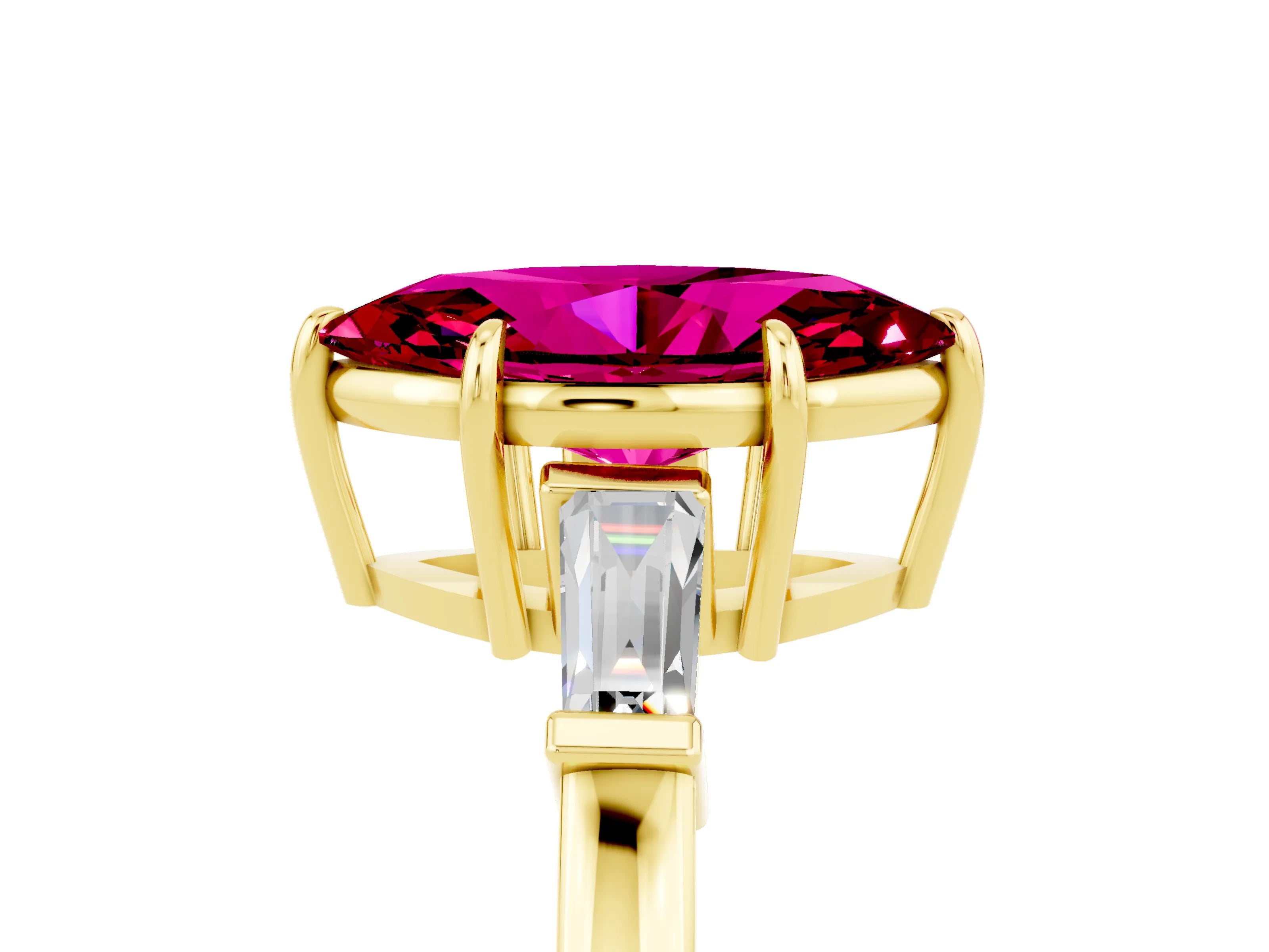 Yellow gold Marquise Cut Cut Diamond Ring with Tapered Baguette Side Stones in Four-Prong Setting_5