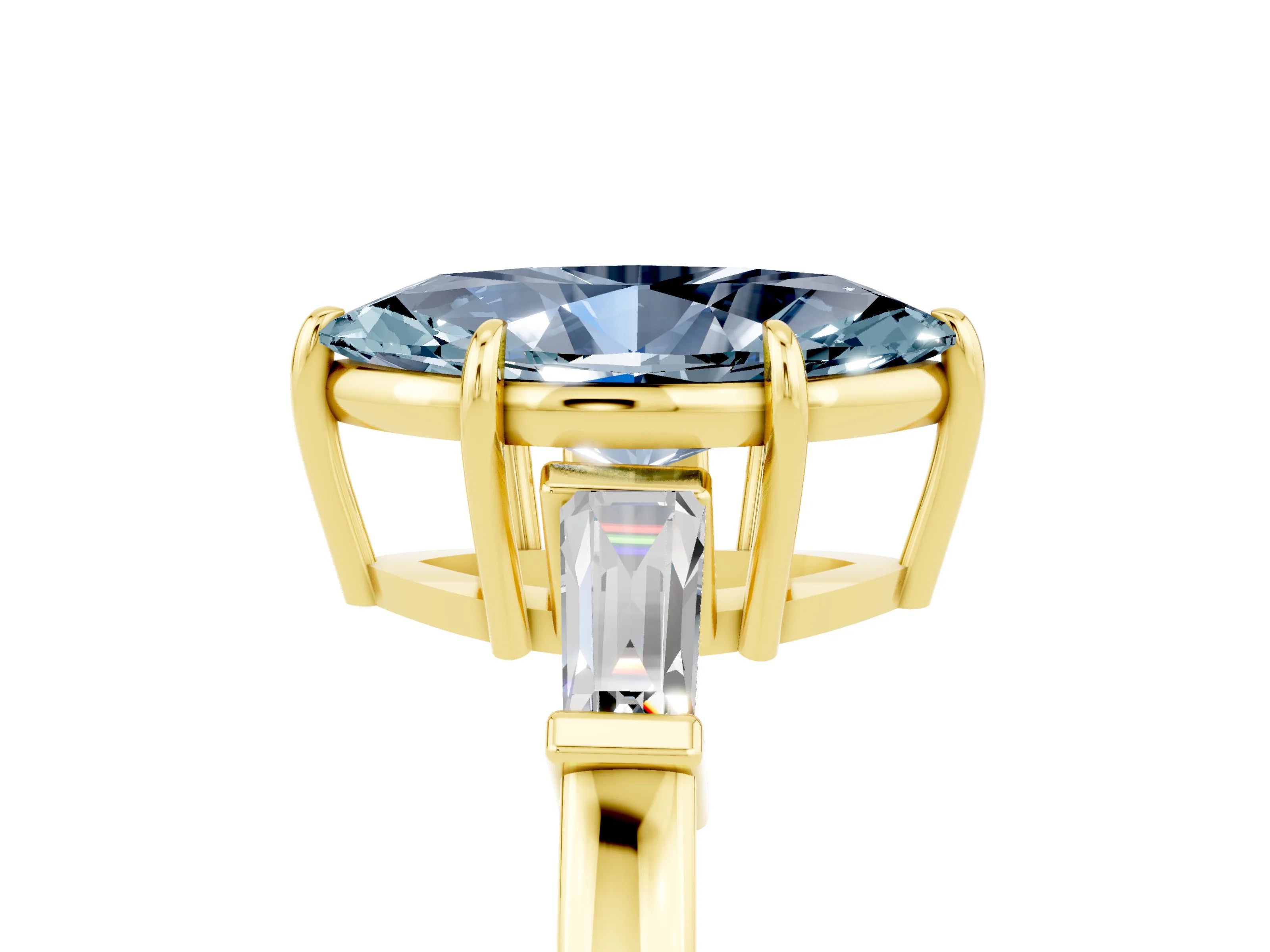 Yellow gold Marquise Cut Cut Diamond Ring with Tapered Baguette Side Stones in Four-Prong Setting_5
