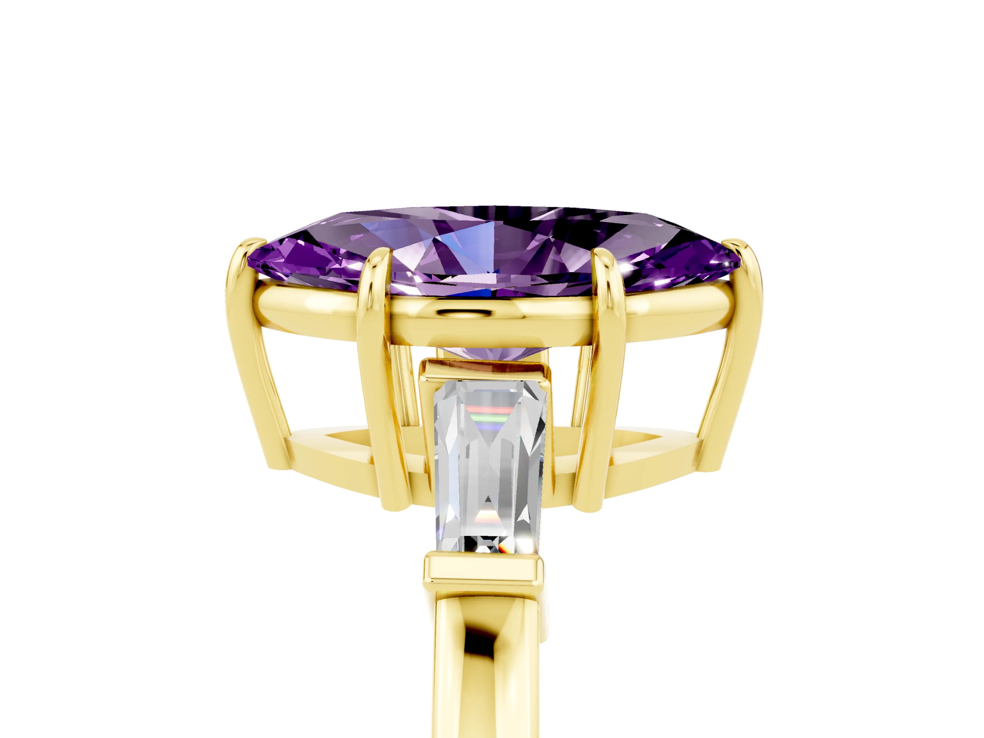 Yellow gold Marquise Cut Cut Diamond Ring with Tapered Baguette Side Stones in Four-Prong Setting_5