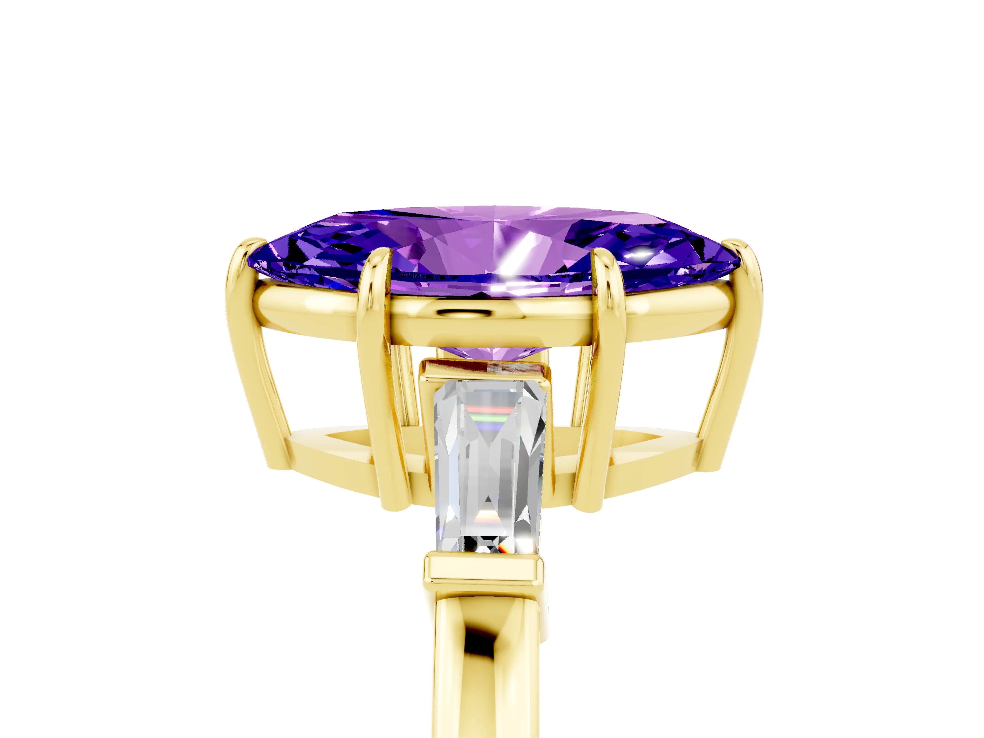 Yellow gold Marquise Cut Cut Diamond Ring with Tapered Baguette Side Stones in Four-Prong Setting_5