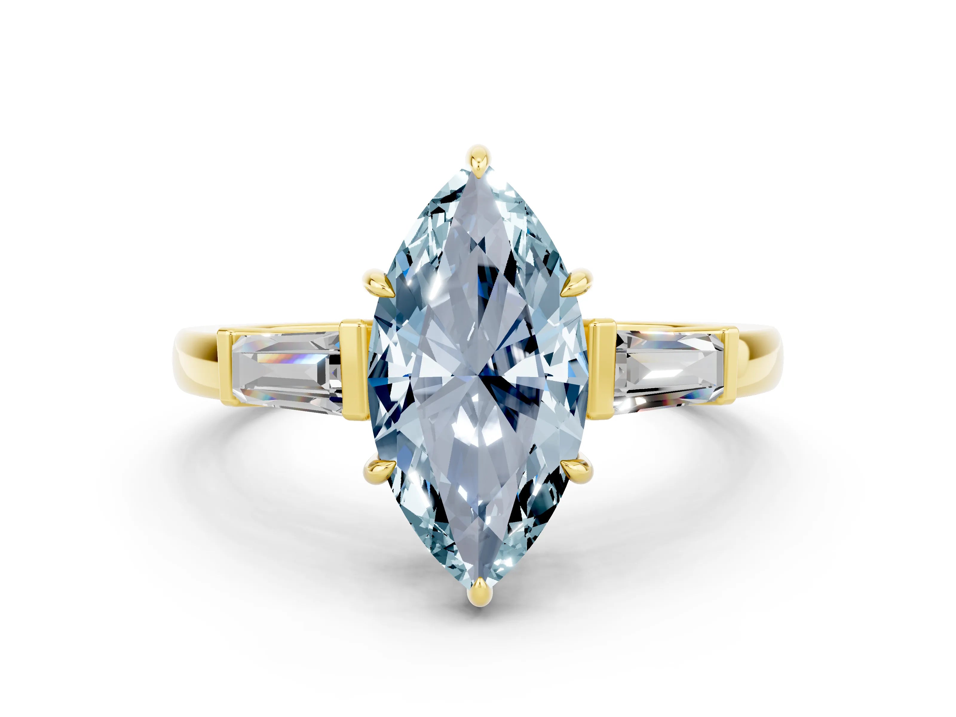 Yellow gold Marquise Cut Cut Diamond Ring with Tapered Baguette Side Stones in Four-Prong Setting
