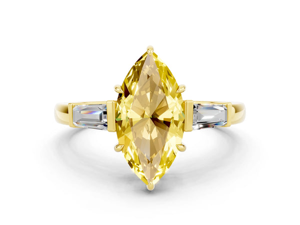 Yellow gold Marquise Cut Yellow Sapphire Three-Stone Ring with Tapered Baguette Side Stones and Prong Setting