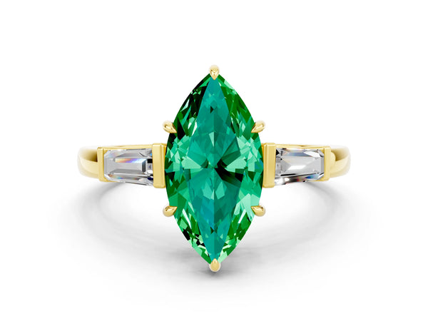 Yellow gold Marquise Cut Emerald Three-Stone Ring with Tapered Baguette Side Stones and Prong Setting