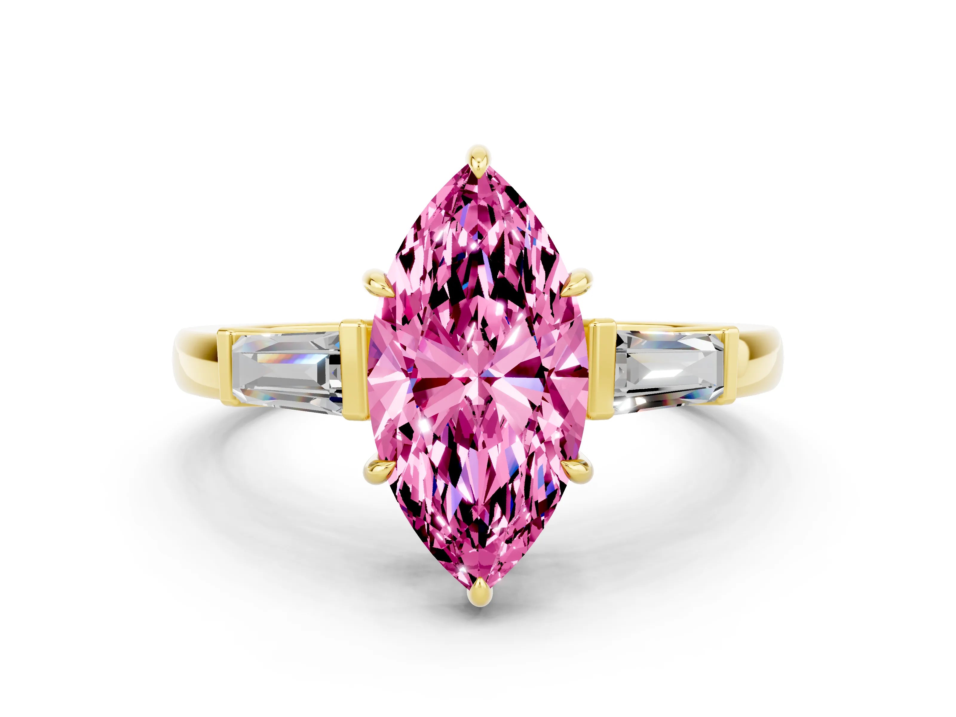 Yellow gold Marquise Cut Cut Diamond Ring with Tapered Baguette Side Stones in Four-Prong Setting