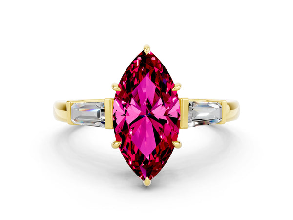 Yellow gold Marquise Cut Garnet Three-Stone Ring with Tapered Baguette Side Stones and Prong Setting