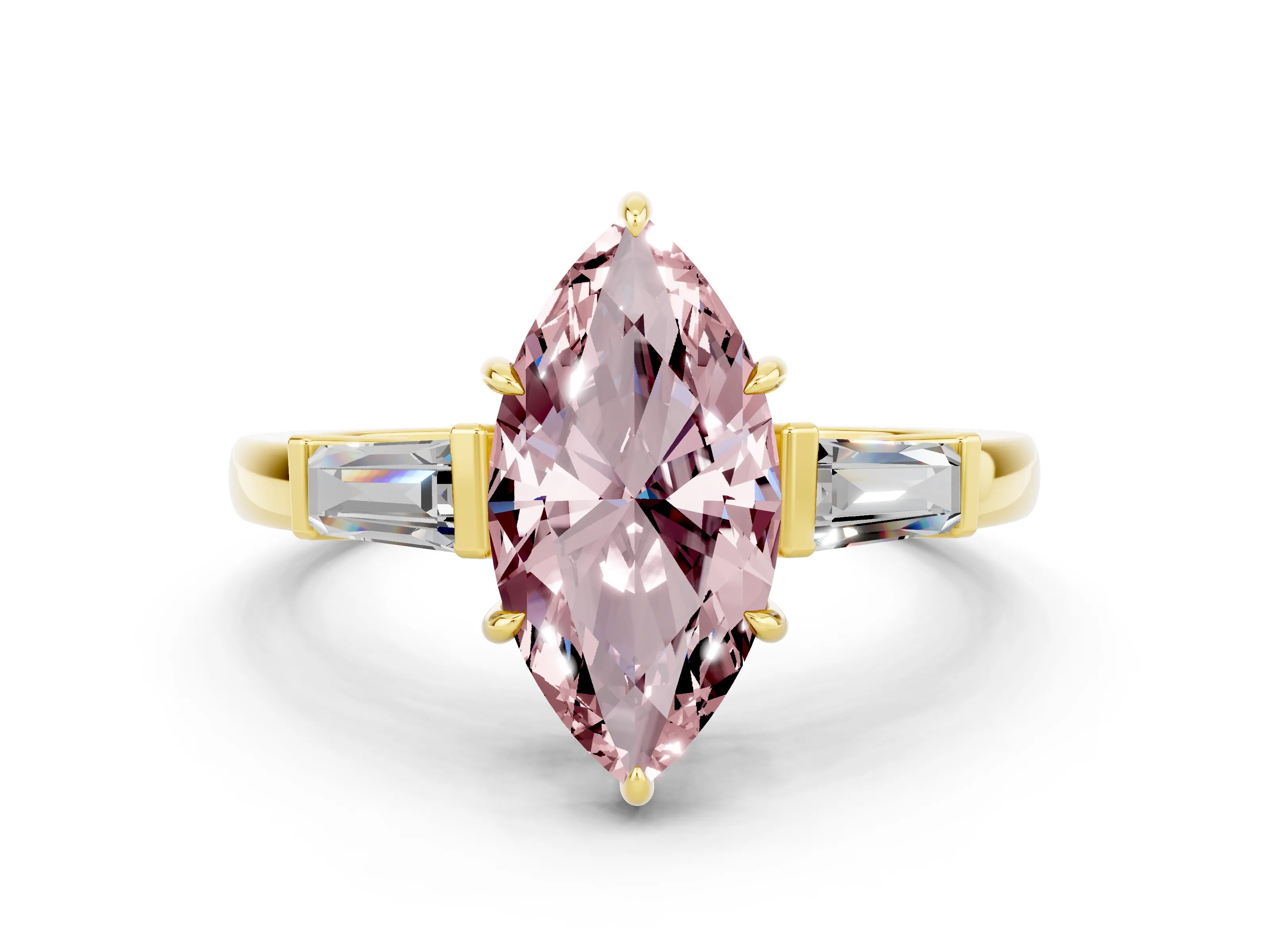 Yellow gold Marquise Cut Cut Diamond Ring with Tapered Baguette Side Stones in Four-Prong Setting