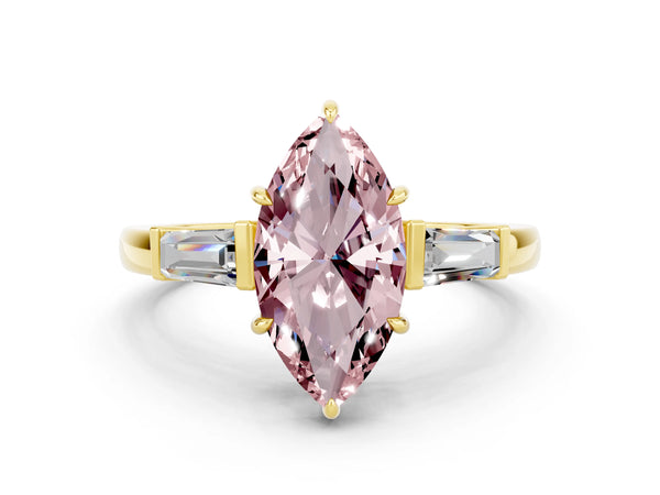 Yellow gold Marquise Cut Cut Diamond Ring with Tapered Baguette Side Stones in Four-Prong Setting
