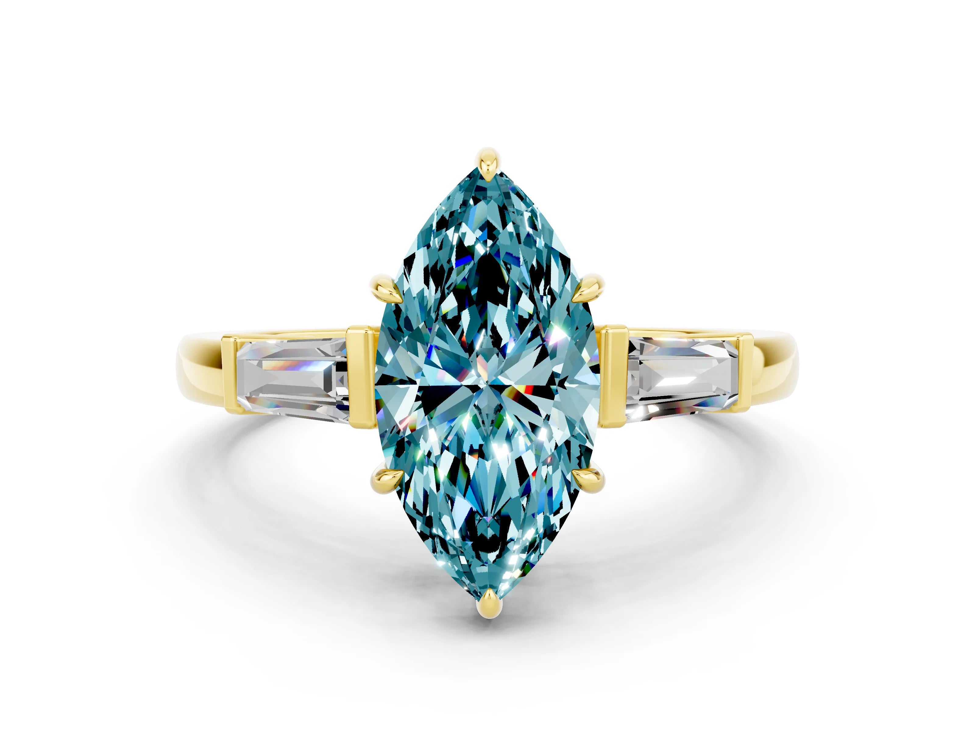 Yellow gold Marquise Cut Cut Diamond Ring with Tapered Baguette Side Stones in Four-Prong Setting