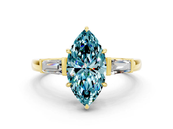 Yellow gold Marquise Cut Cut Diamond Ring with Tapered Baguette Side Stones in Four-Prong Setting