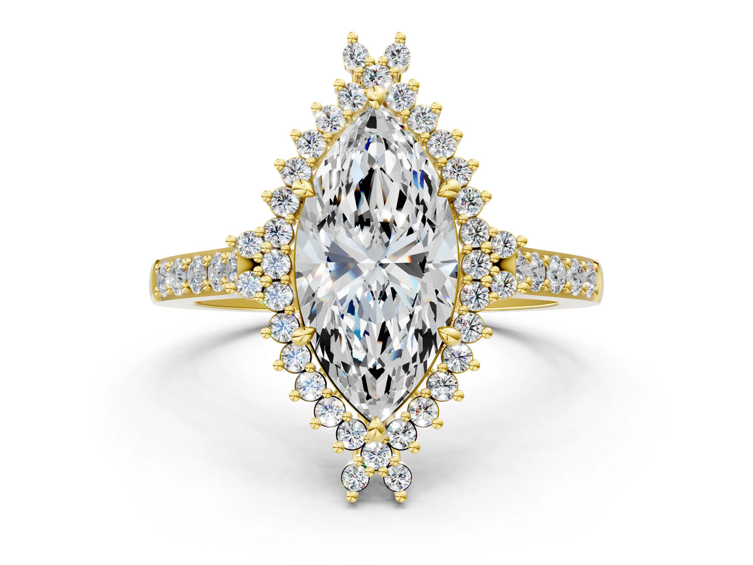 Yellow gold Marquise Cut Cut Diamond Sunburst Halo Engagement Ring with Pavé Band_3
