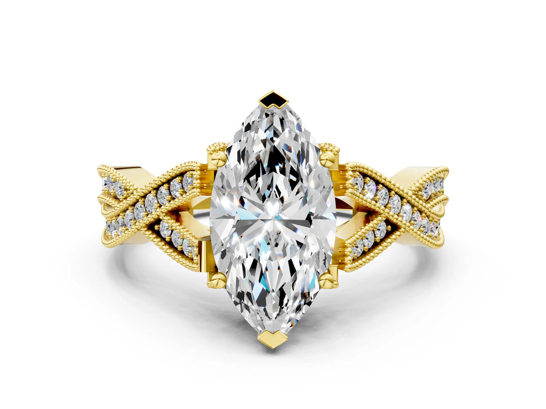 Yellow gold Marquise Cut Cut Diamond Twisted Band with Milgrain Pave Setting and Four-Prong Setting_6