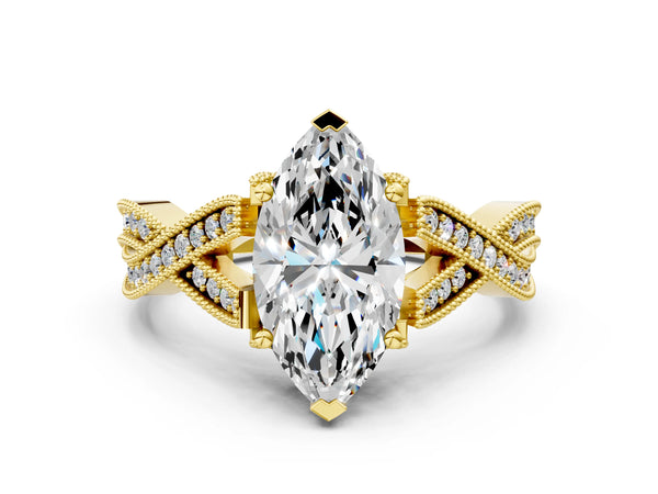 Yellow gold Marquise Cut Cut Diamond Twisted Band with Milgrain Pave Setting and Four-Prong Setting