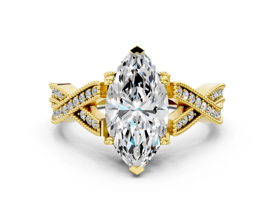 Yellow gold Marquise Cut Cut Diamond Twisted Band with Milgrain Pave Setting and Four-Prong Setting