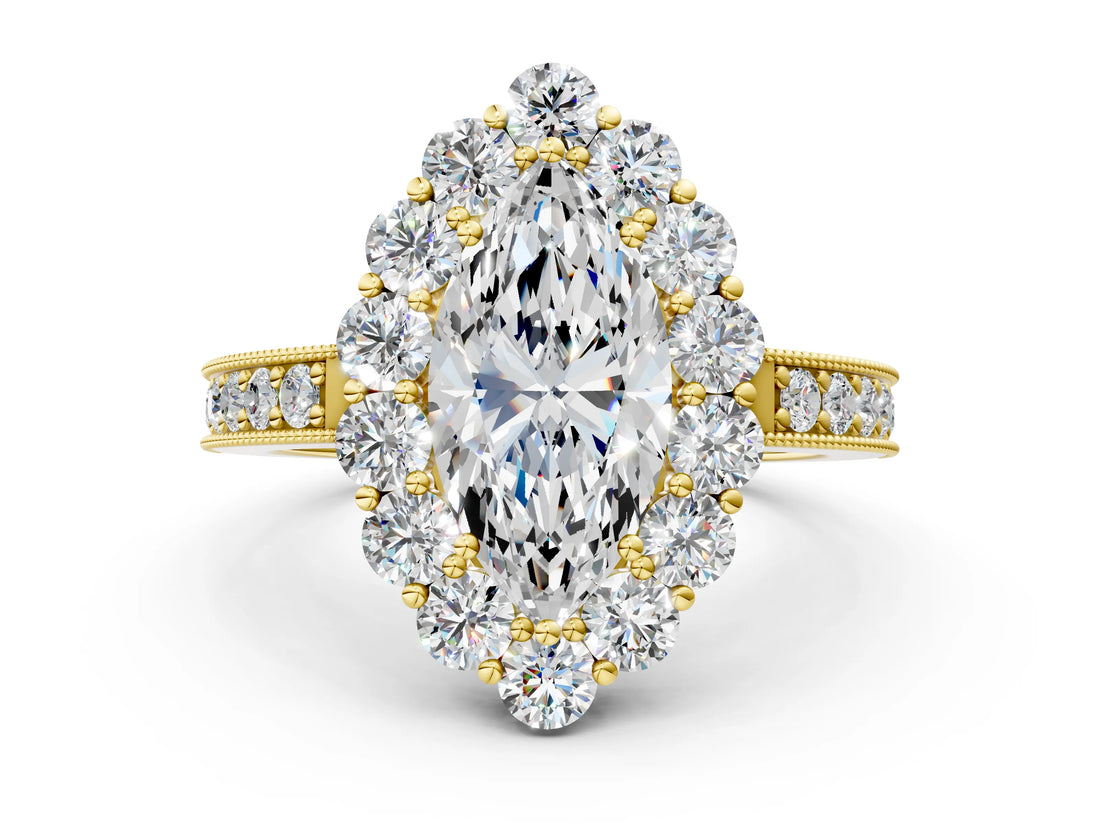 Yellow gold Marquise Cut Cut Halo Diamond Pavé Engagement Ring with Milgrain Detailing_22