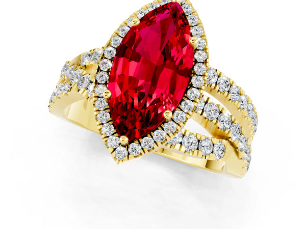 Yellow gold Marquise Cut Ruby Halo Ring with Round Split Shank and Prong Setting