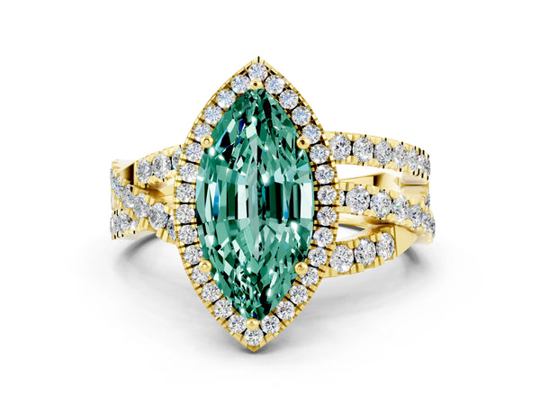 Yellow gold Marquise Cut Green Sapphire Halo Ring with Round Split Shank and Prong Setting