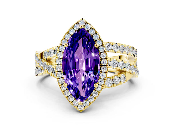 Yellow gold Marquise Cut Tanzanite Halo Ring with Round Split Shank and Prong Setting