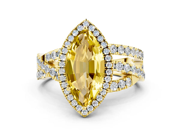 Yellow gold Marquise Cut Yellow Sapphire Halo Ring with Round Split Shank and Prong Setting