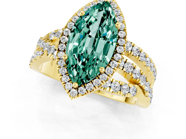 Yellow gold Marquise Cut Green Sapphire Halo Ring with Round Split Shank and Prong Setting