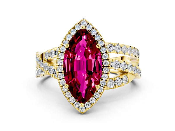 Yellow gold Marquise Cut Garnet Halo Ring with Round Split Shank and Prong Setting