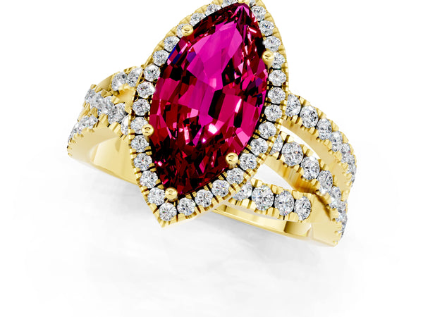 Yellow gold Marquise Cut Garnet Halo Ring with Round Split Shank and Prong Setting