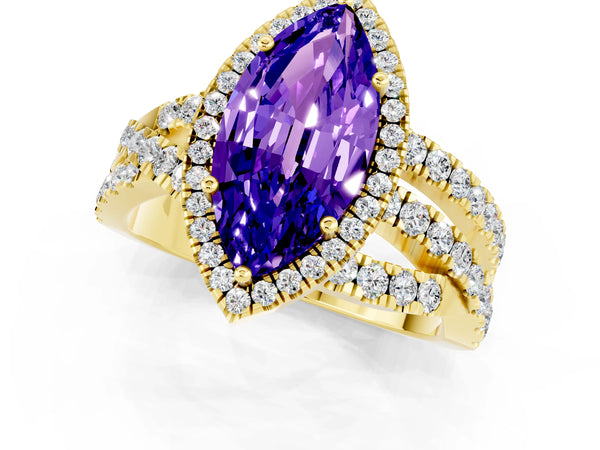 Yellow gold Marquise Cut Tanzanite Halo Ring with Round Split Shank and Prong Setting