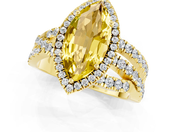 Yellow gold Marquise Cut Yellow Sapphire Halo Ring with Round Split Shank and Prong Setting