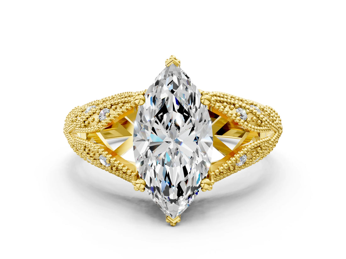 Yellow gold Marquise Cut Cut Milgrain Pave Diamond Engagement Ring with Four-Prong Setting_3