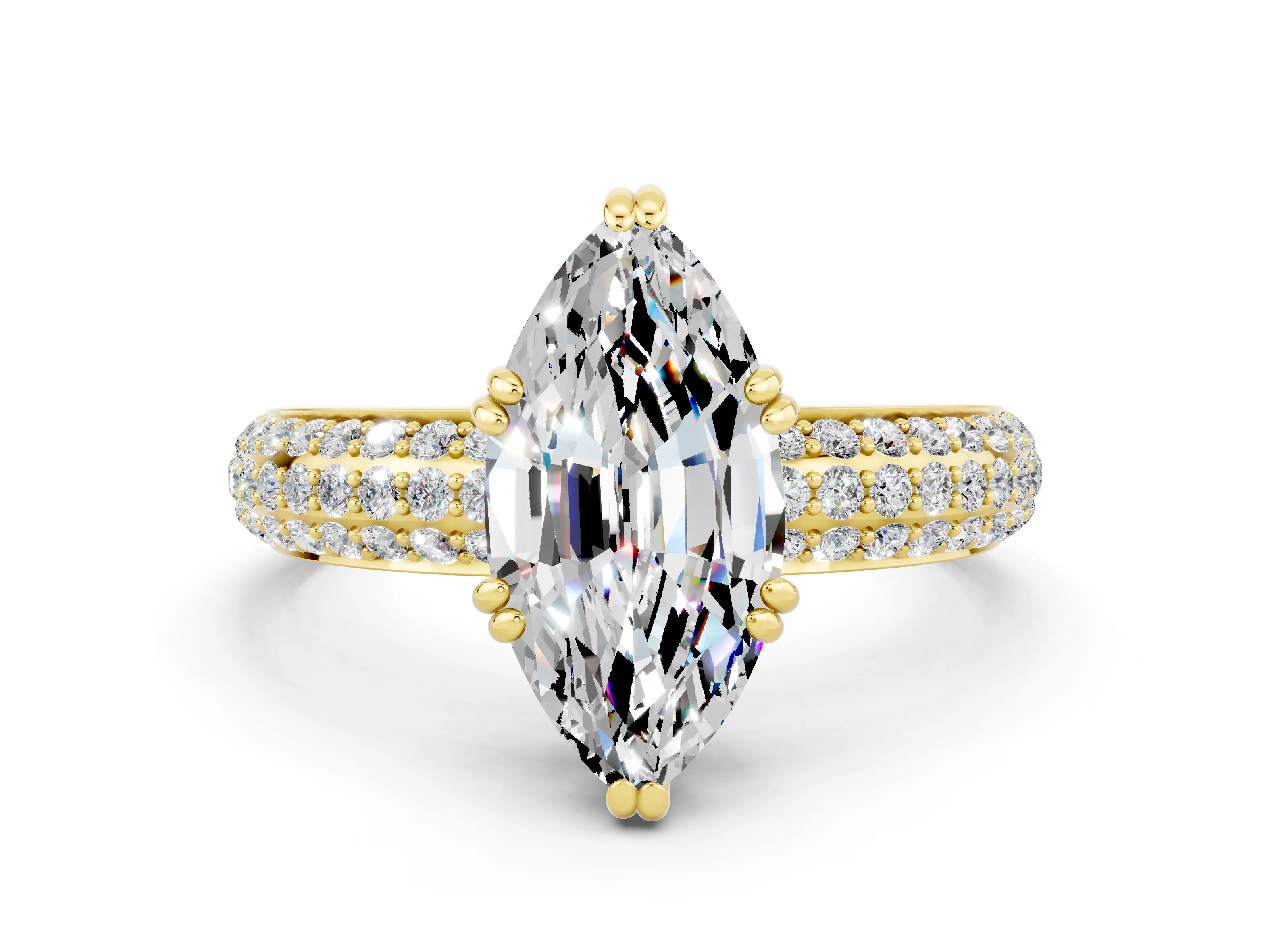 Yellow gold Marquise Cut Cut Pave Diamond Engagement Ring with Channel Set Band and Four-Prong Setting