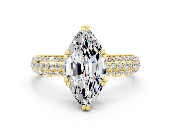 Yellow gold Marquise Cut Moissanite Solitaire Ring with Multi-Row Round Pavé Band and Prong Setting