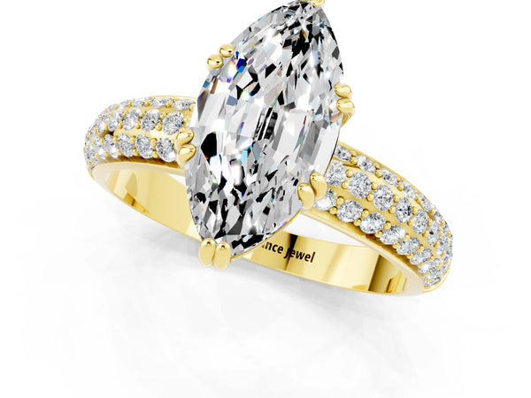 Yellow gold Marquise Cut Moissanite Solitaire Ring with Multi-Row Round Pavé Band and Prong Setting
