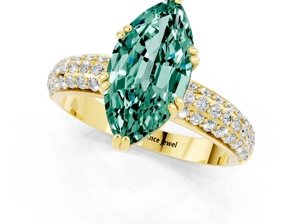 Yellow gold Marquise Cut Green Sapphire Solitaire Ring with Multi-Row Round Pavé Band and Prong Setting