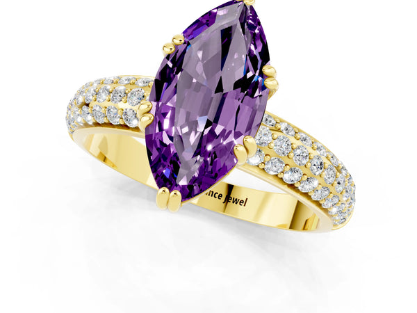 Yellow gold Marquise Cut Amethyst Solitaire Ring with Multi-Row Round Pavé Band and Prong Setting